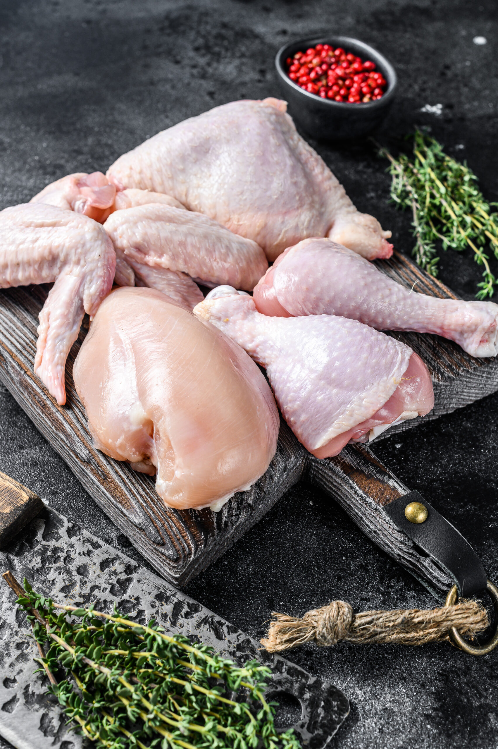 Fresh raw chicken meat, wings, breast, thigh and drumsticks. Black background. Top view.